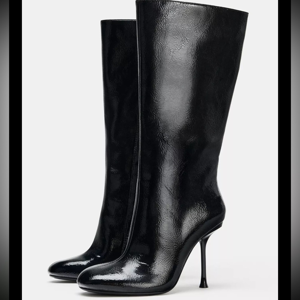 Zara Glossy Black Heeled Boots